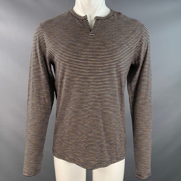 VINCE Size S Navy Yellow & White Stripe Cotton Open Collar Pullover - Picture 1 of 8